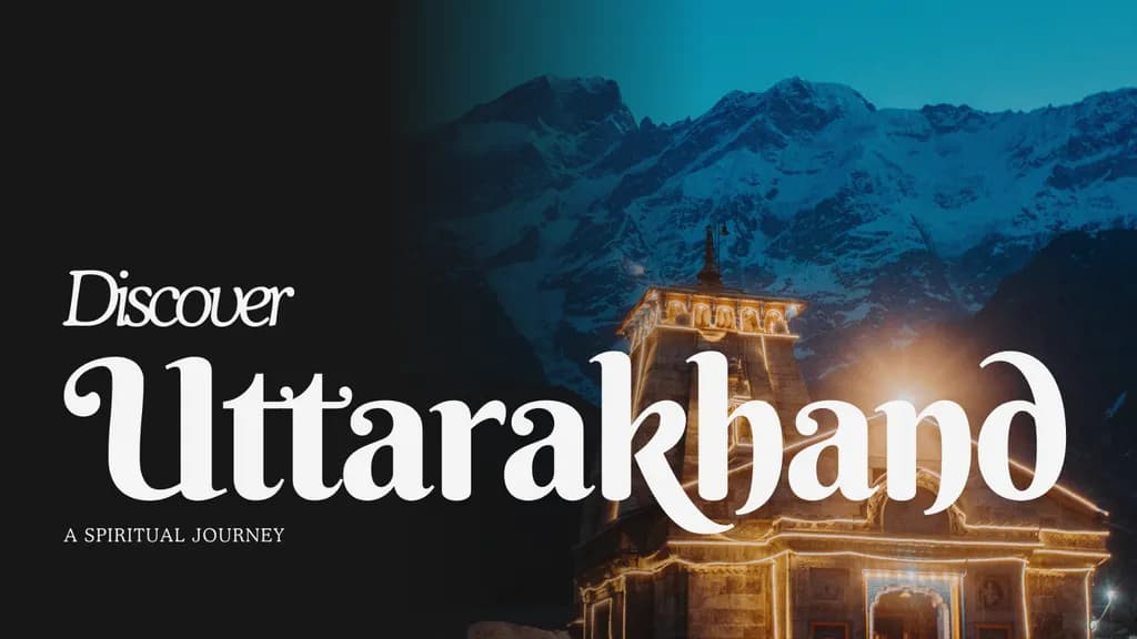 A night-time view of a temple in Uttarakhand, illuminated with soft yellow lights, set against the backdrop of majestic snow-capped mountains. The text on the left reads 'Discover Uttarakhand' in large, elegant fonts, with the subheading 'A Spiritual Journey' underneath. The image highlights the serene and spiritual atmosphere of the region.